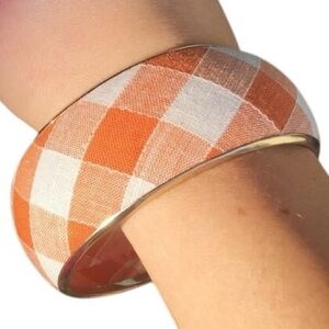 Vintage Orange Ivory Checkered Bangle Bracelet Wide Retro Mod 10”